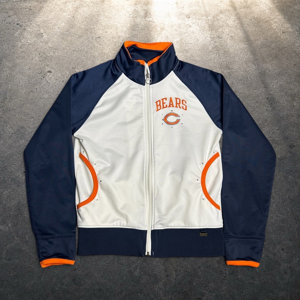 Reebok NFL Chicago Bears Track Jacket Navy White Orange Rhinestone Size Medium